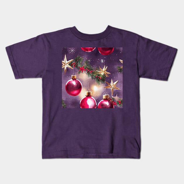 Multi-color Red and Green Watercolor Christmas Tree with Ball Ornaments Kids T-Shirt by VintageFlorals